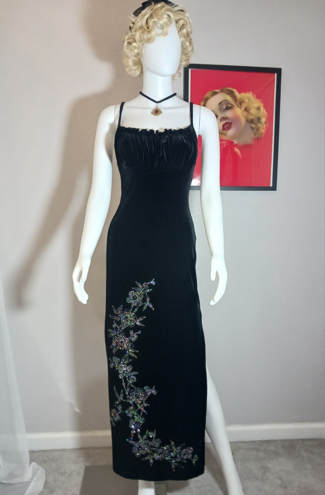 Status Collection VTG 90s Y2K Black Velvet Glitter Evening Gown gathered bust S