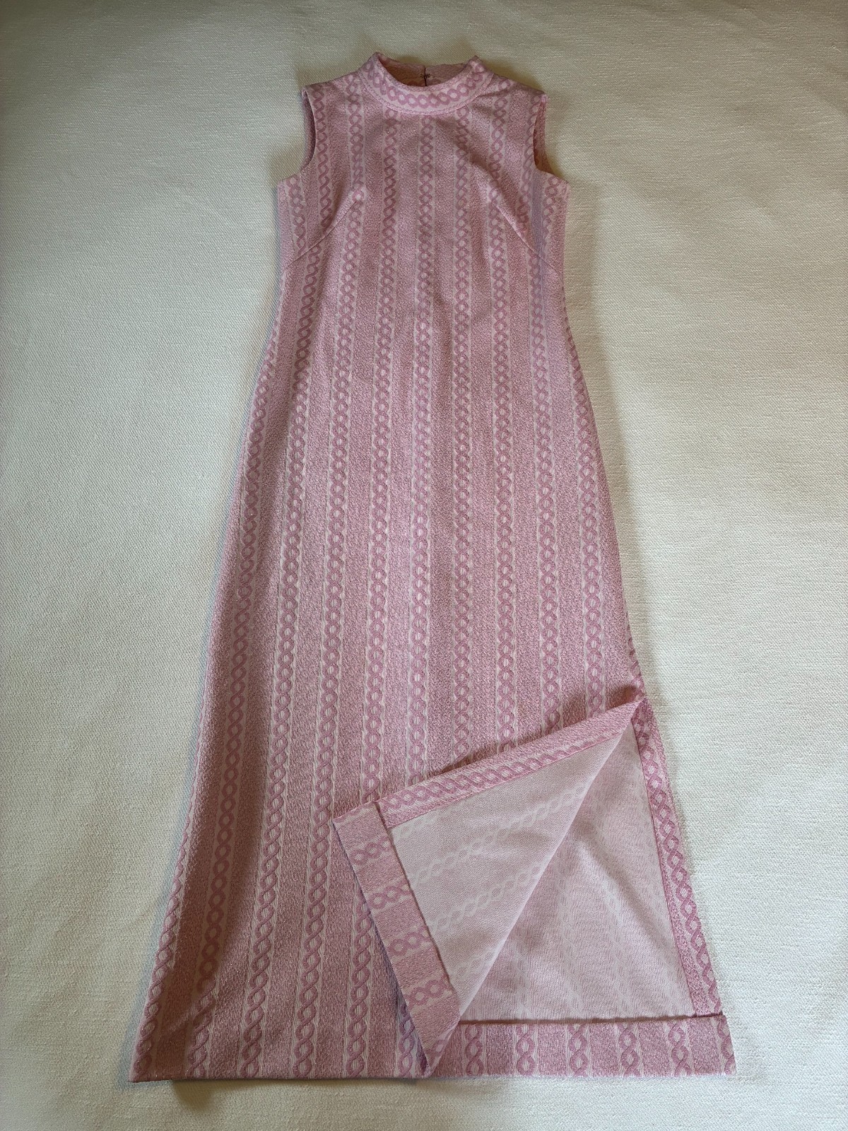 Vintage 60s 70s Pink Silver Maxi Dress High Neck Sleeveless Mod M