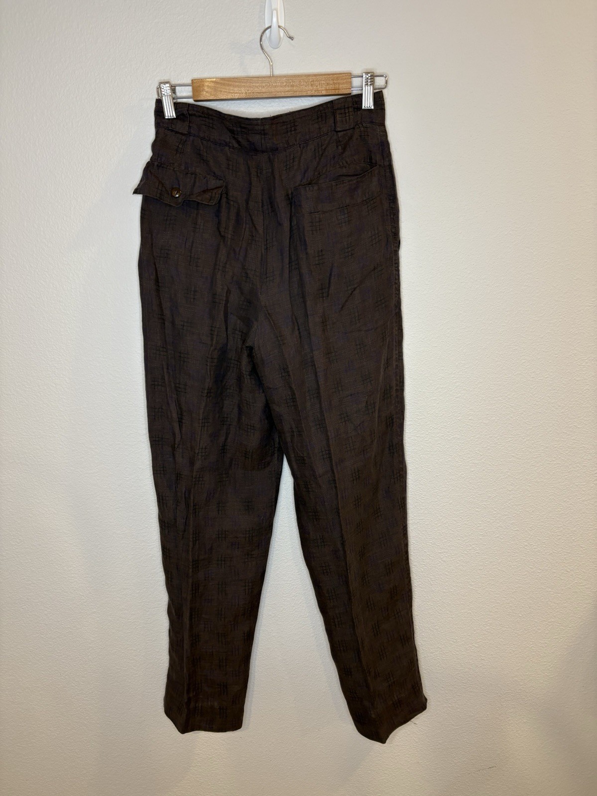 Vintage Gianni Versace Brown Blue Windowpane Pants Italy 25 High Rise Pleated