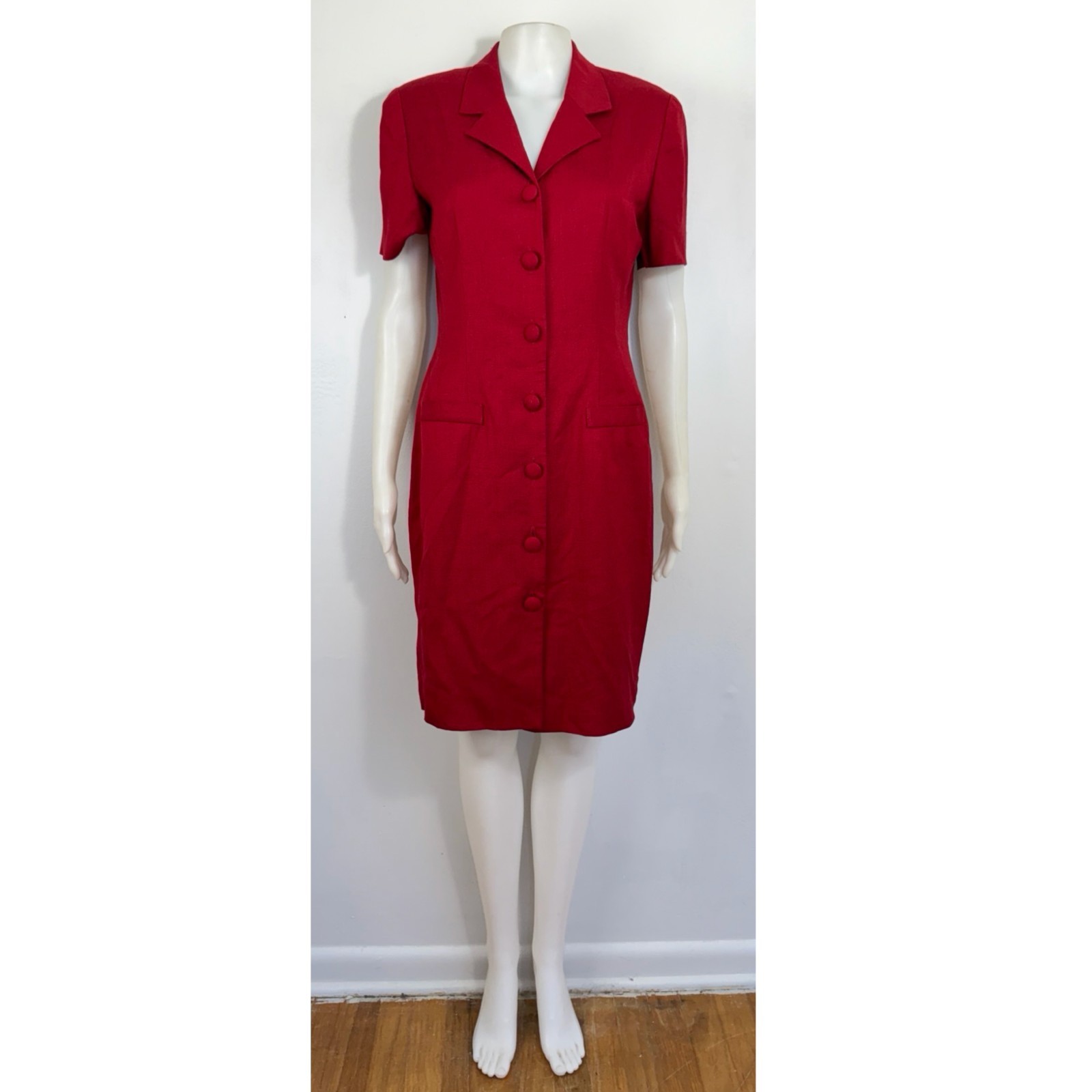 Vintage Red Button-Front Blazer Dress Size Medium Linen Blend Short Sleeve Shirt