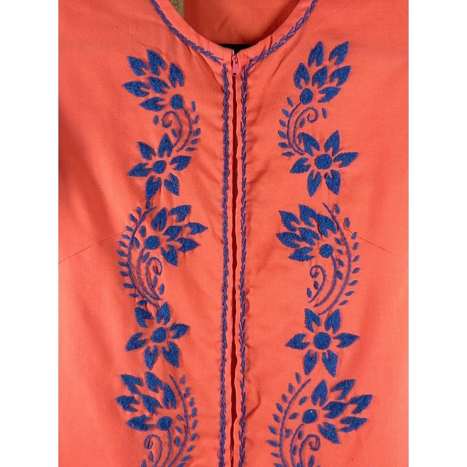 Wms Vintage Kaftan Maxi Dress Coral Blue Floral Embroidered Boho Unbranded
