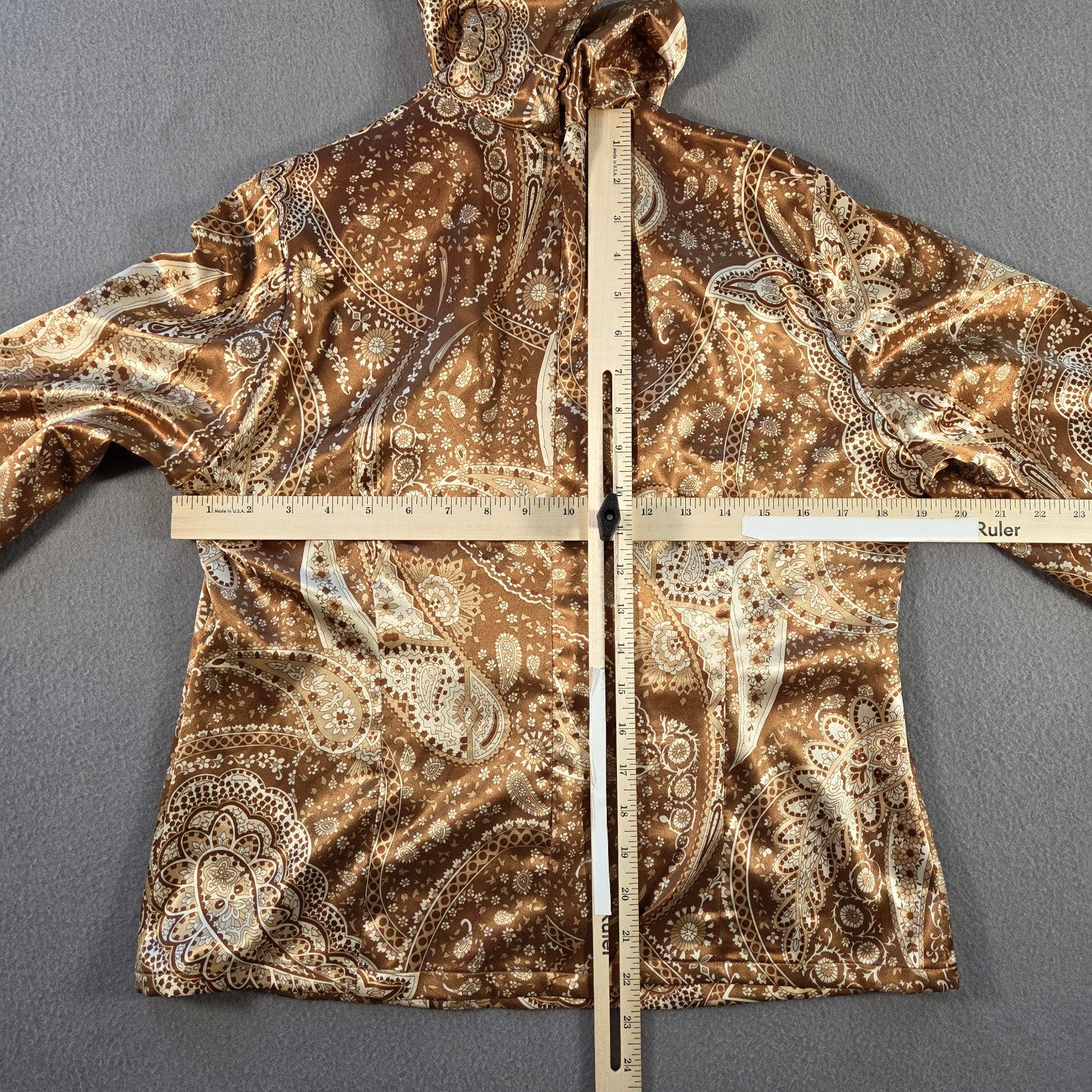 Vintage Satin Blouse Womens Medium Brown Paisley Print High Neck Silky 80s