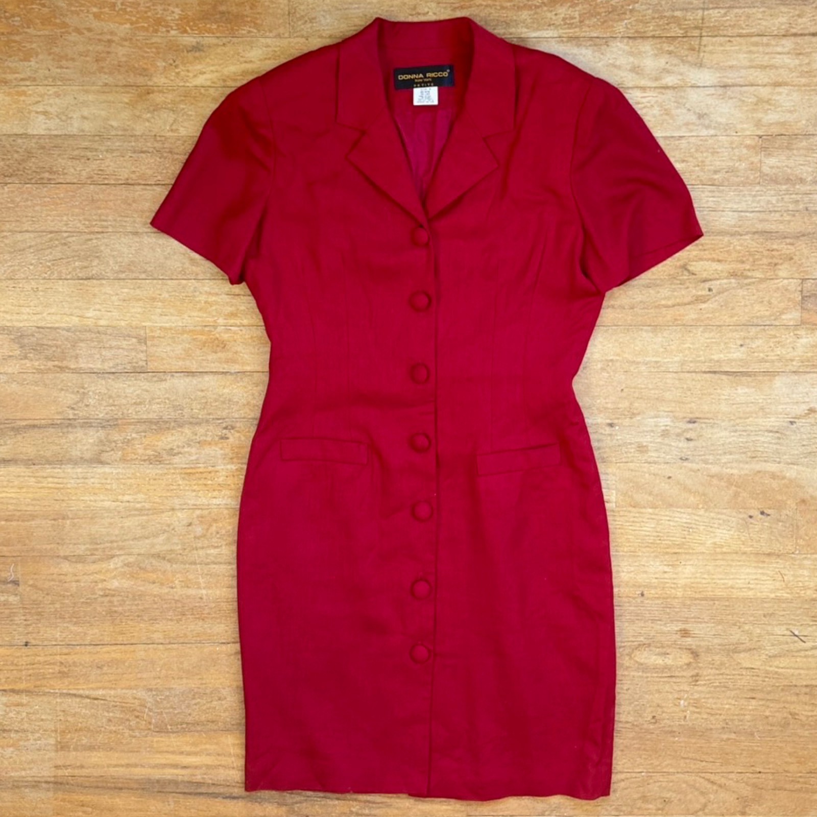 Vintage Red Button-Front Blazer Dress Size Medium Linen Blend Short Sleeve Shirt