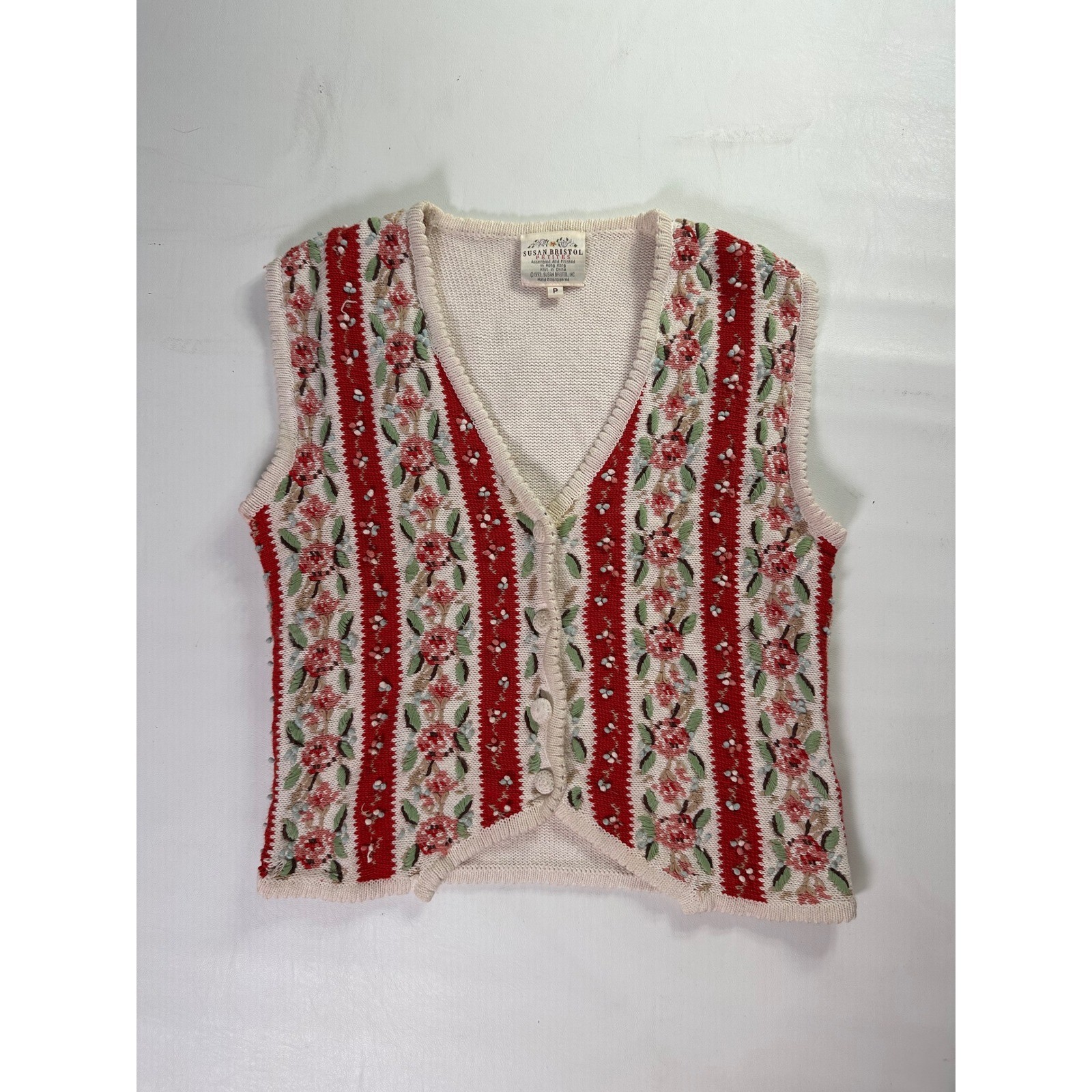 Susan Bristol Vintage 1993 Hand Embroidered Floral Knit Vest Red Cream Petite P
