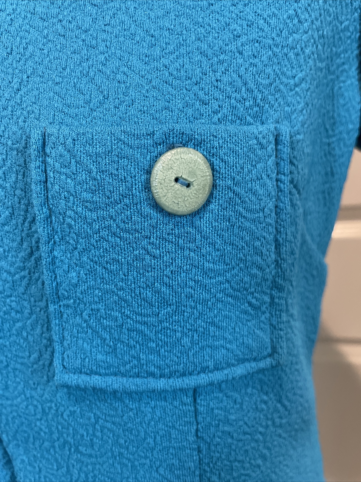 Vintage 60s 70s Medium Tunic Top Mod Retro Damask Aqua Blue Zip Up Short Sleeve