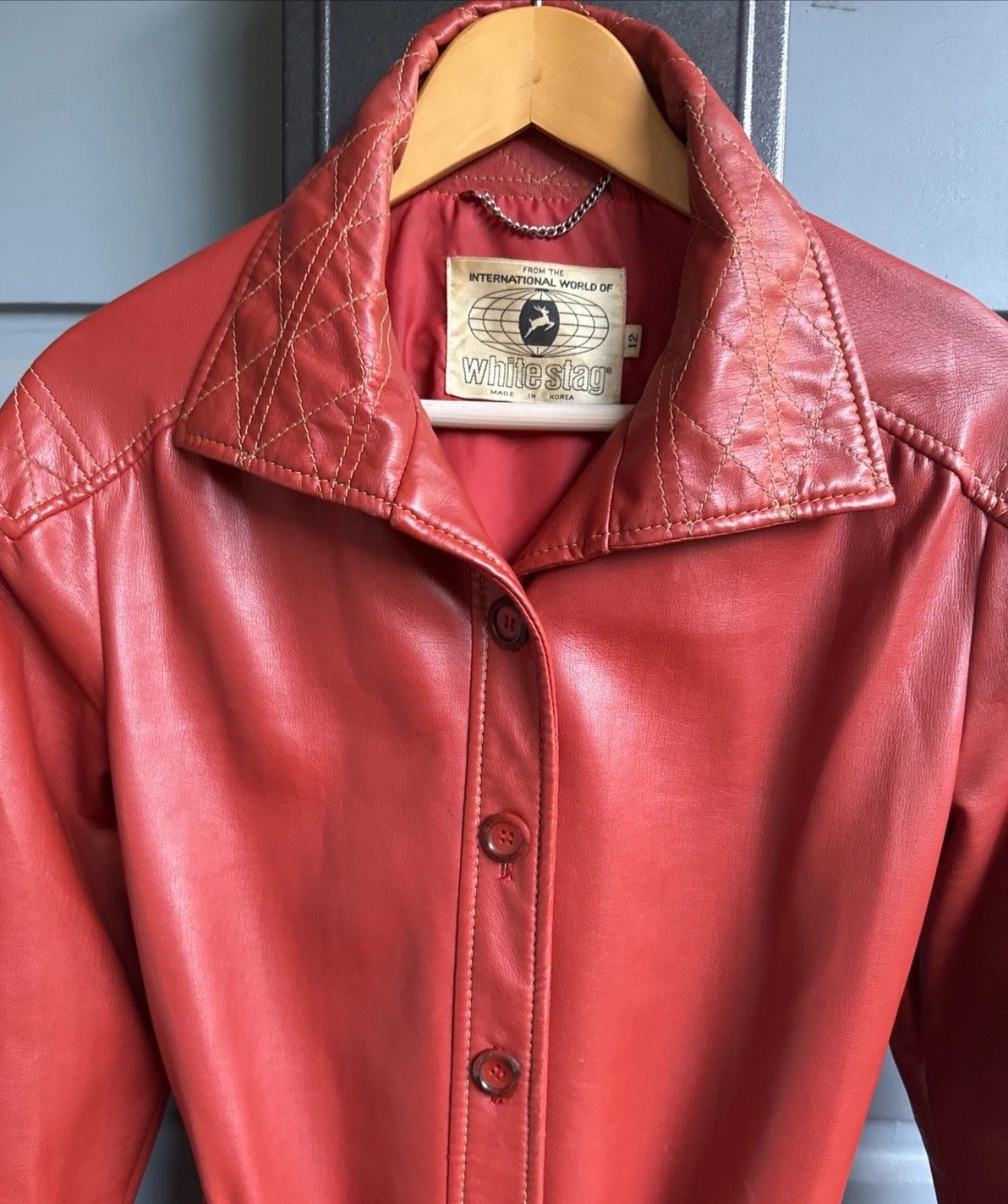 Vintage 70s Burnt Orange Leatherette Trench Coat- Korea- Size 12-Vegan-Mint!