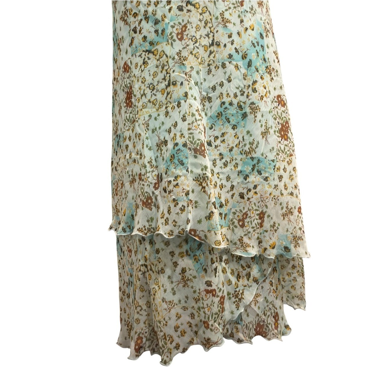 Vtg boho fairy Floral blue green pleated waist Midi Double Ruffle dress