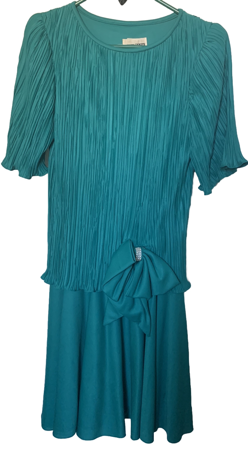 Vintage After Dark 80/90s Teal Cocktail Dress Bow Pleated Shirt Prom Size 3/4