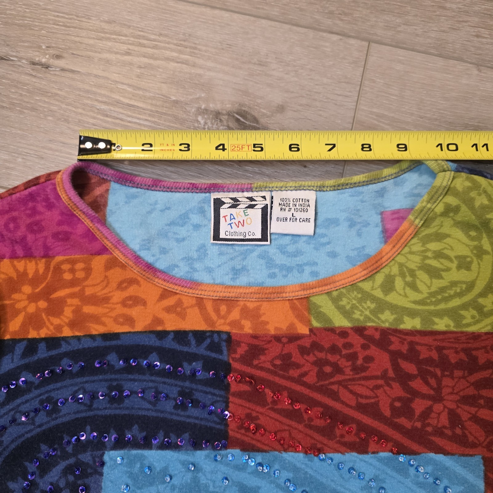 Vtg Womens Multicolor Patchwork Boho Hippie Core 3/4 Sleeve Cotton Top Sz Lg