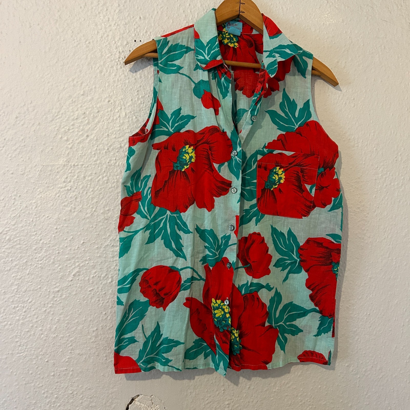 Vintage Album by Kenzo Women Sz S Blue Red Floral Cotton Linen Sleeveless Blouse