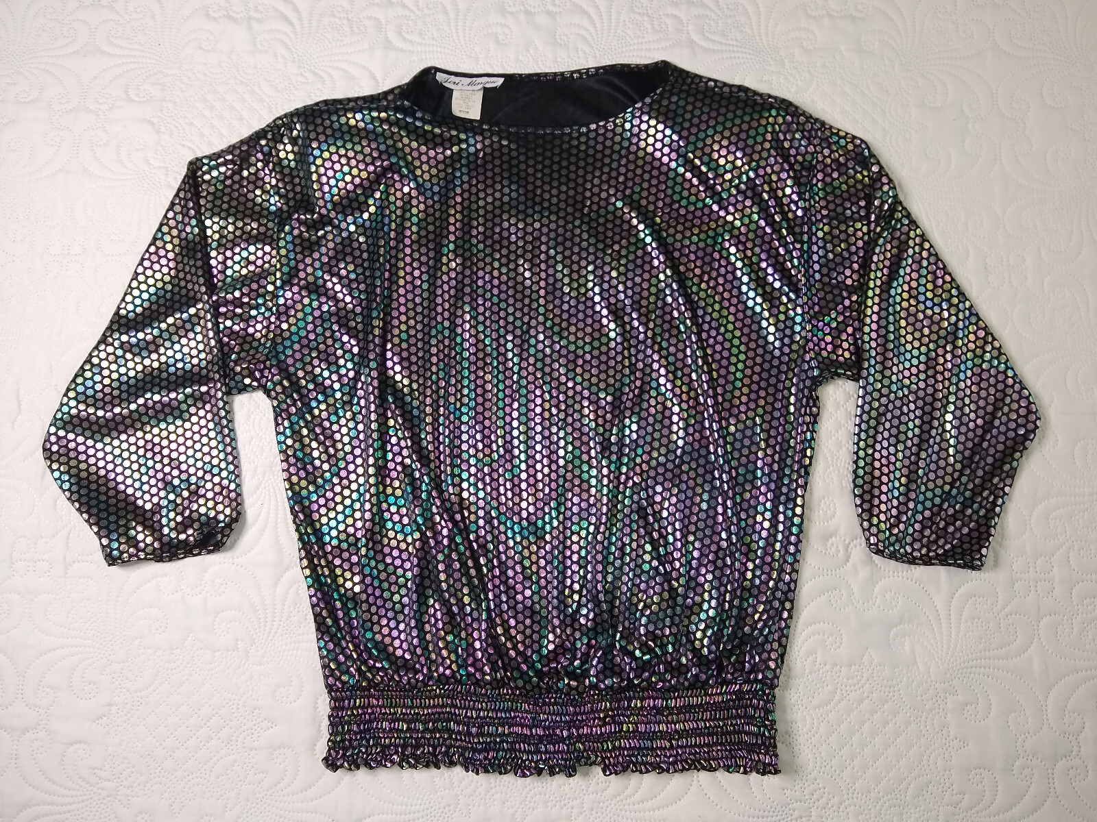 Jeri Marque Blouse Top Womens M 3/4 Slvs Liquid Iridescent Disco 80s Vtg EUC
