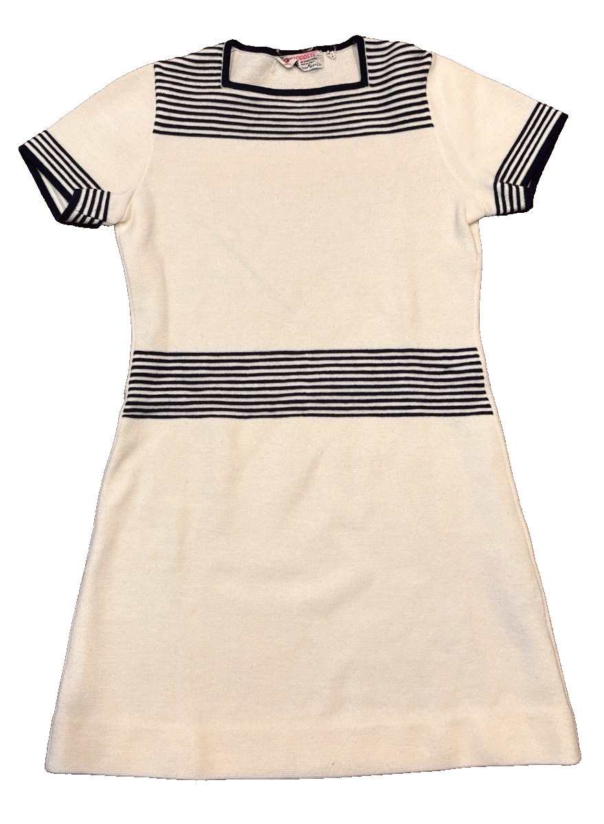 Vintage 1960&rsquo;s Piccolino Acrylic Dress Made in Italy Striped White Blue Size 12