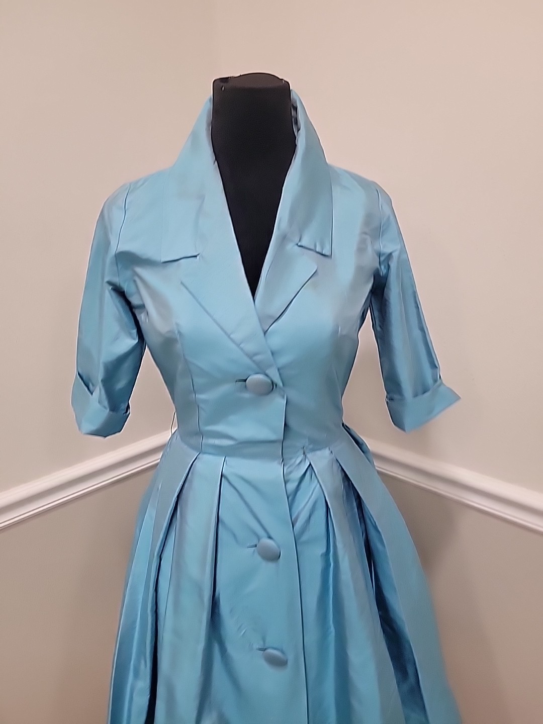 Rare VTG 50s Marie Leavell Aqua Blue Silk Shirt Dress Mid Century Boutique/Pleat