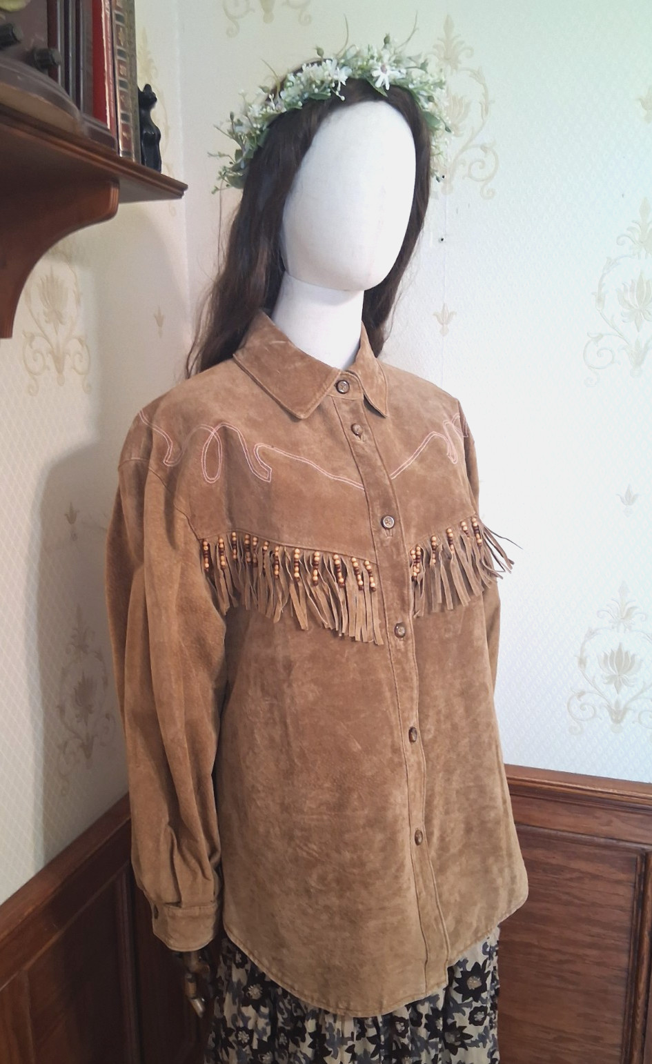 Vintage 1990s Comint Brown Suede Fringed Beaded Hippie Western Grunge Coat