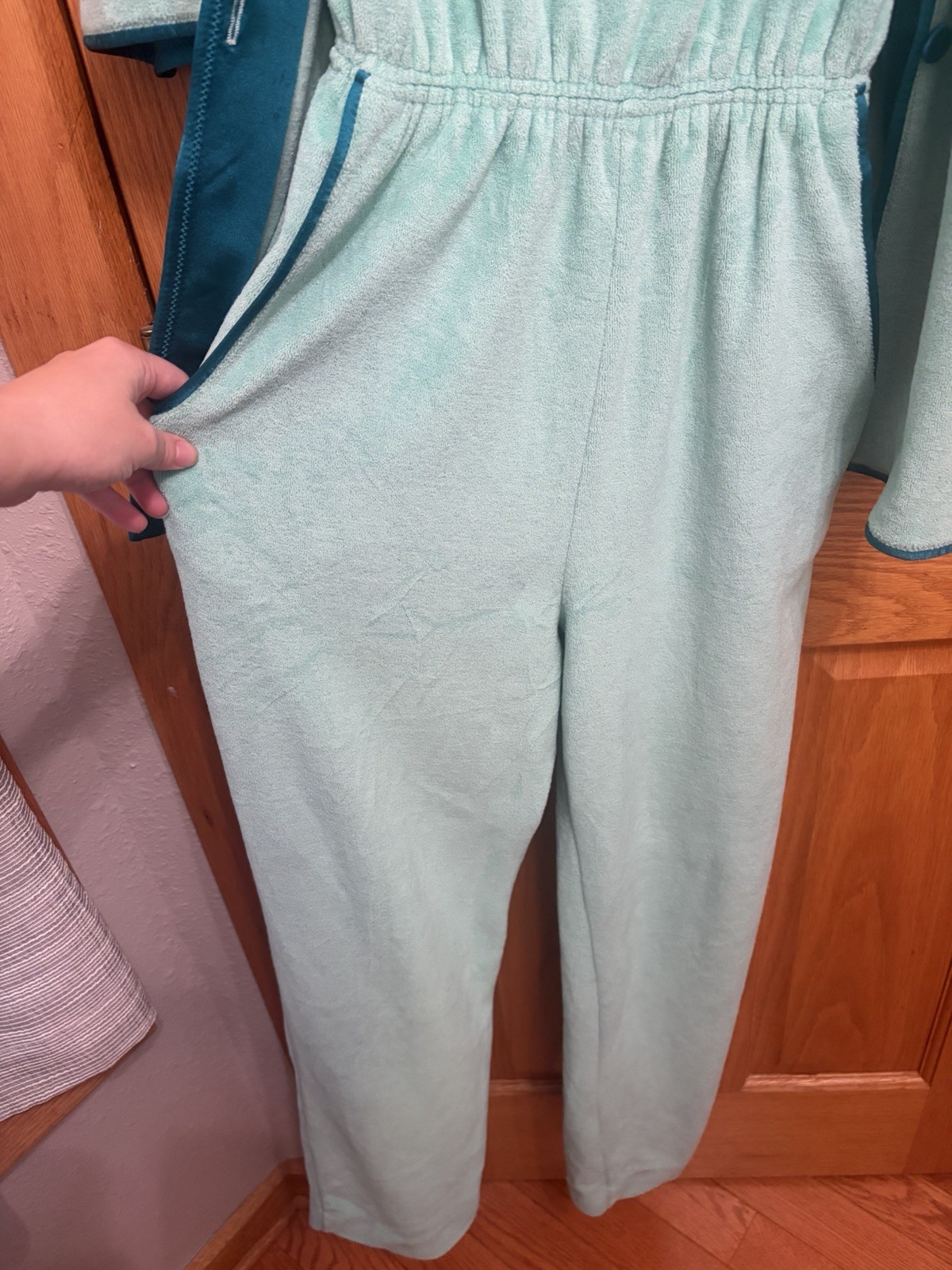 VTG 1970s De Weese Design Mint Aqua Terry Velour 2pc Jumpsuit Jacket Set Small