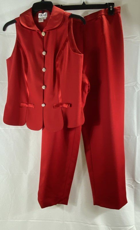 Vintage Y2K Reggio Women&rsquo;s Red 2-Piece Pantsuit Rhinestone Vest Petite Sz 10