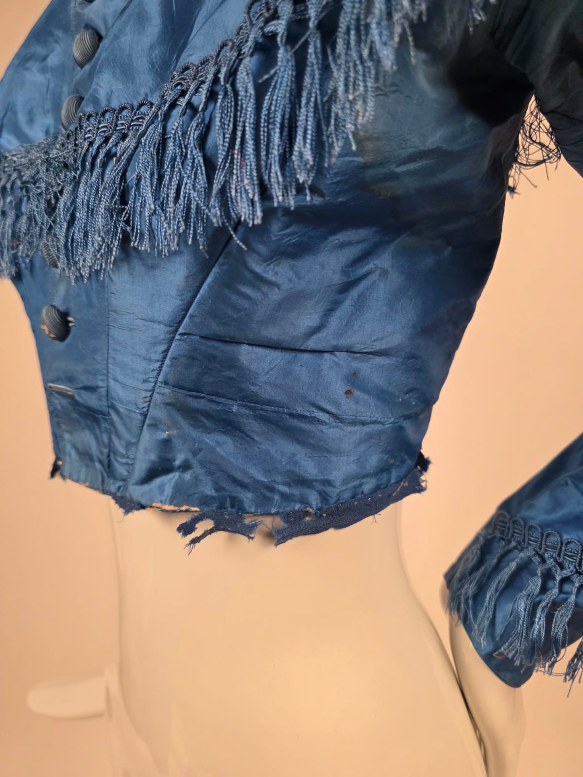 CIVIL WAR 1860’S BRIGHT BLUE SILK BODICE W SILK FRINGE TRIM