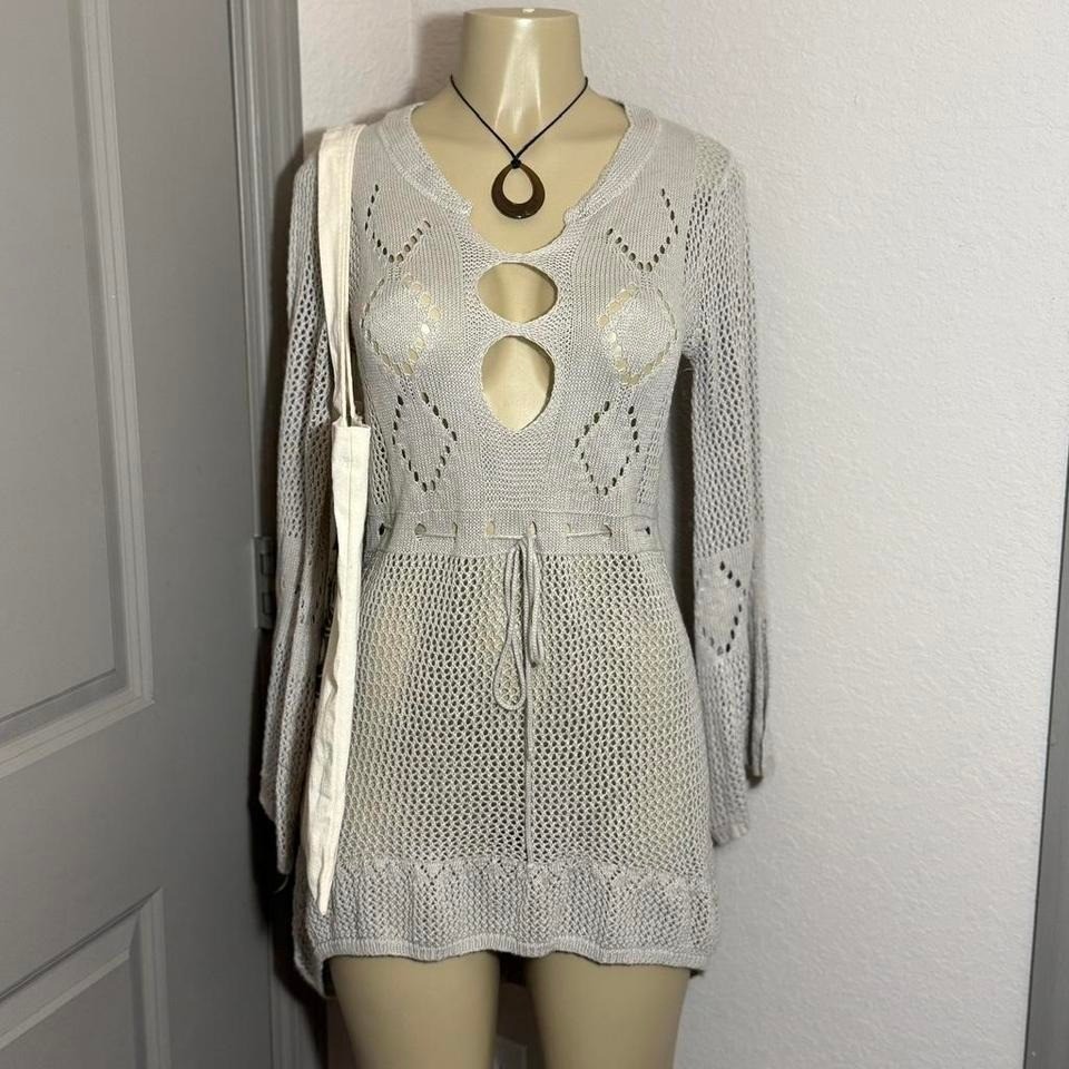 Beige/white crochet dress with cutouts and tie waist