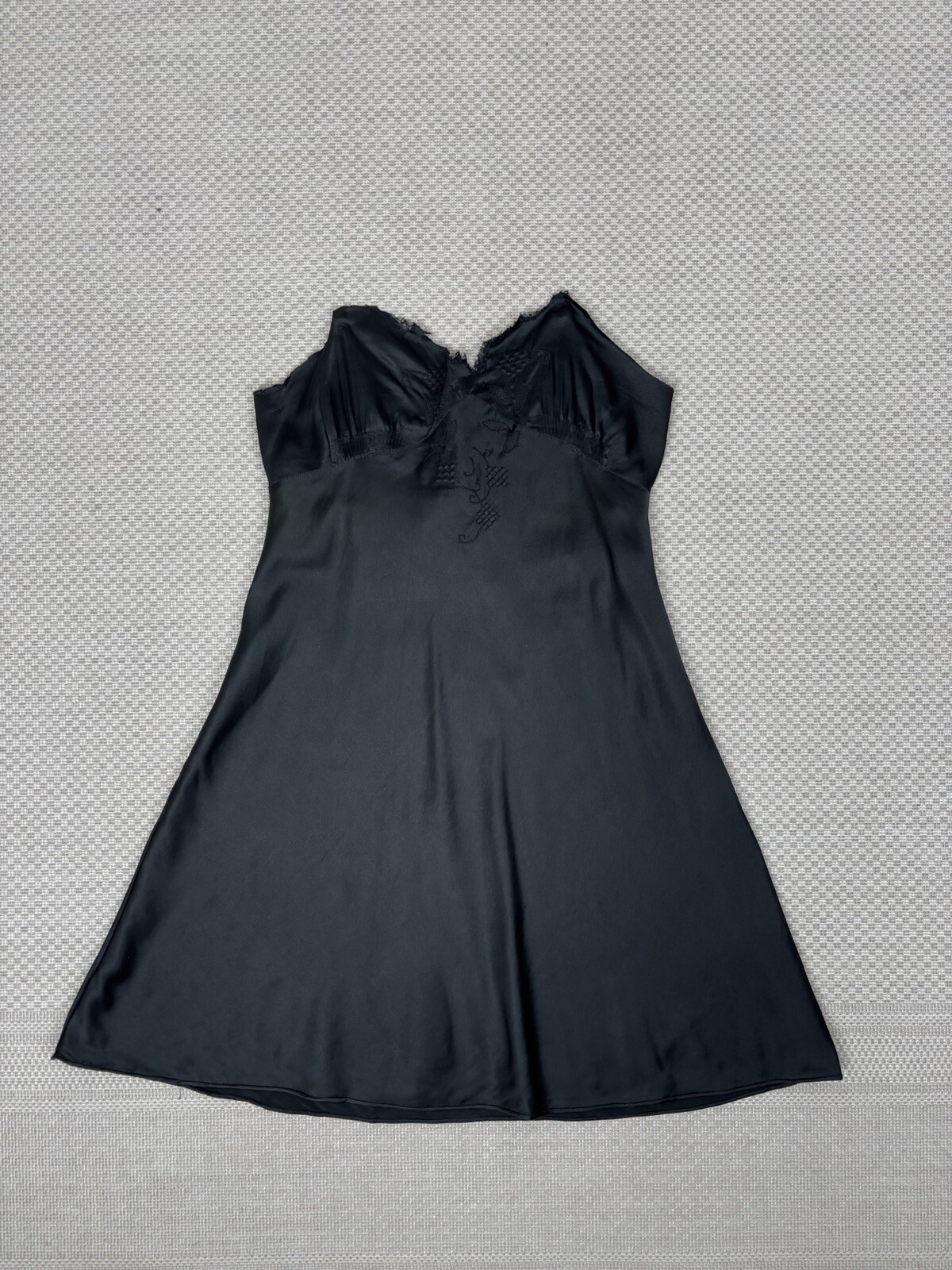 Vintage 1940s Black Bias Silk Slip or Nightgown Remnant Embroidered Lingerie
