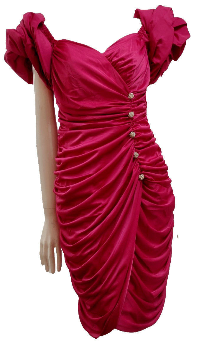 1980s Couture Dress Pink Fuchsia Balloon Sleeve Rhinestone Buttons SAMIR 80s M