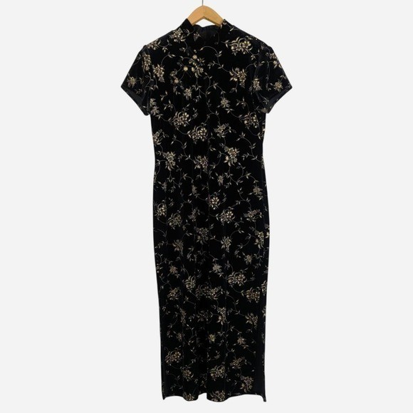 Vintage 90s Sheri Martin NY Black Velvet Gold Floral Midi Dress Size 16
