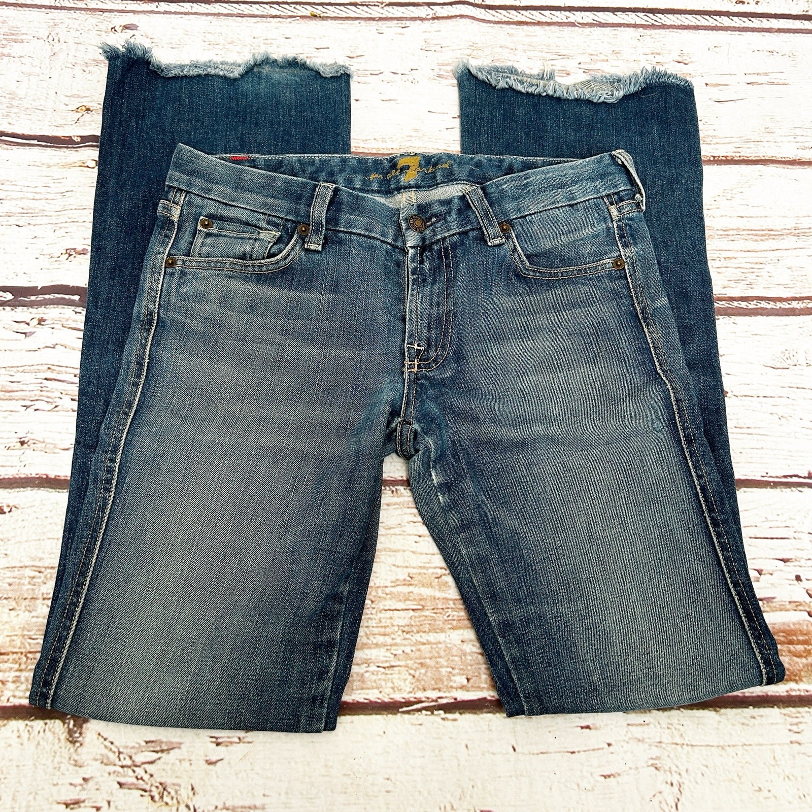 7 FOR ALL MANKIND A Pocket Bootcut Jeans Medium Wash Frayed Hem Size 28