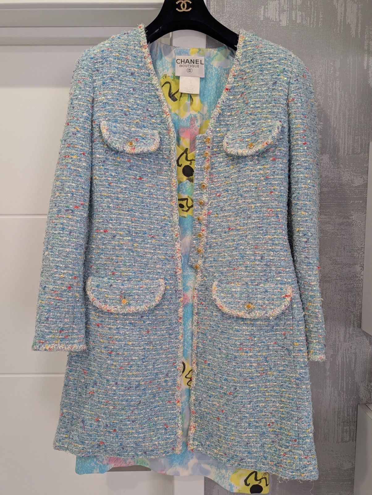 Chanel 1997 Confetti Fantasy Tweed Coat Blue Jacket Camellia Print Silk Dress 40