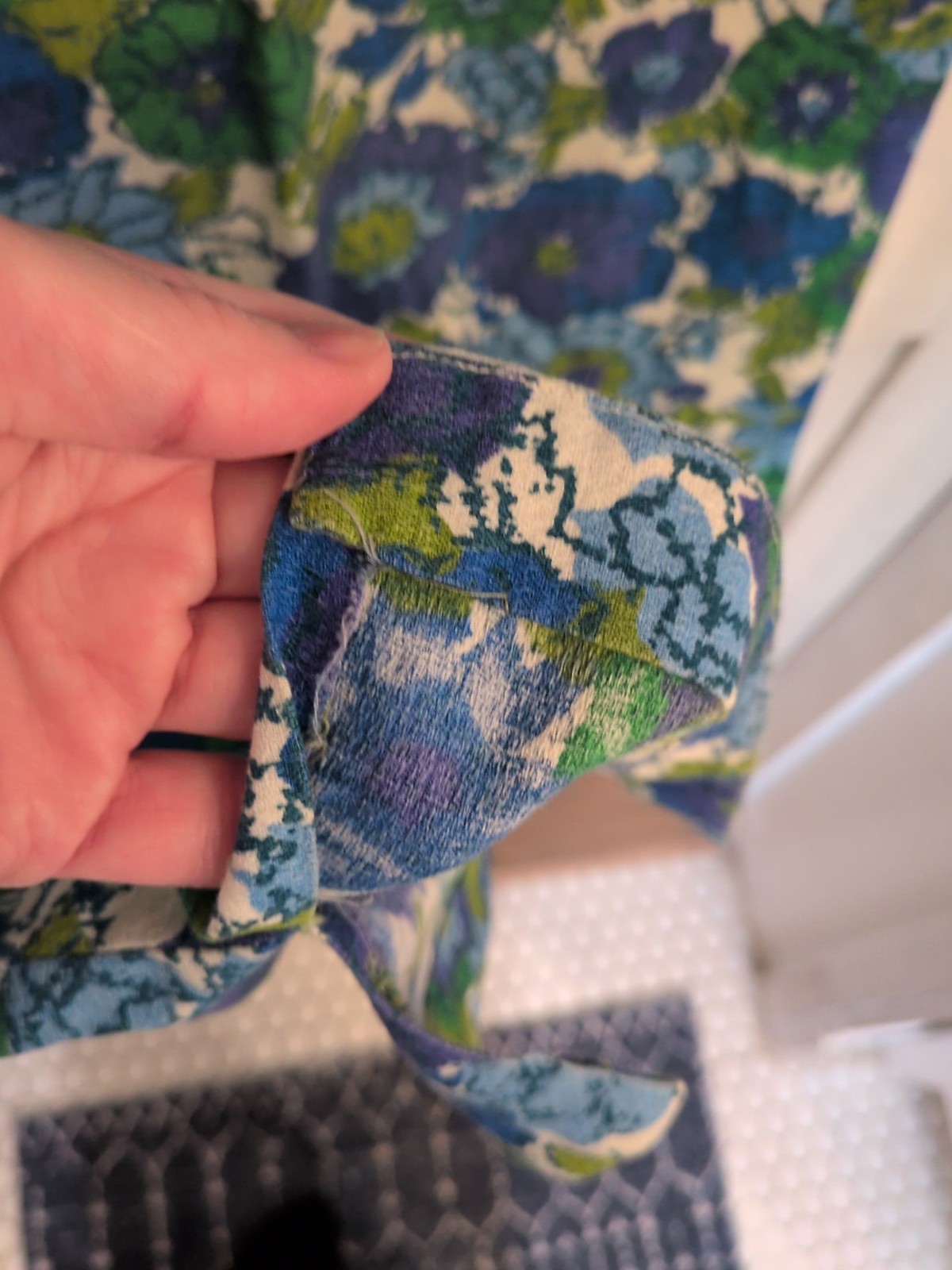 Vintage Handmade Blue Green Floral Shift Dress With V Neck, Small