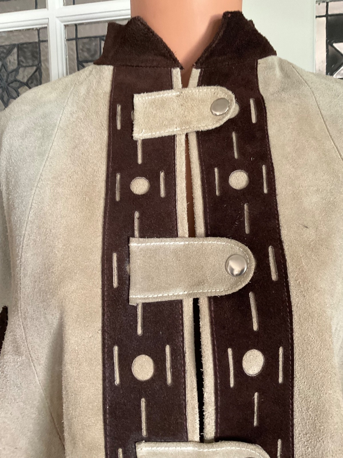 Vintage 1960s Tan Brown Suede Leather Poncho Snap Button Boho Hippie Cape Medium